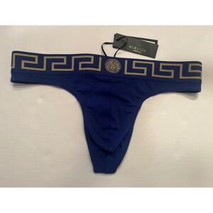 Versace Men's Thong Briefs‎ Underwear Blue with Gold Logo Size 7 or XL